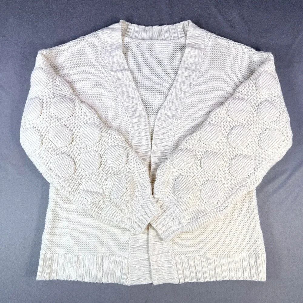Open Front Cardigan Womens Small Beige Bubble Sleeve Chunky Knit‎ Sweater Casual